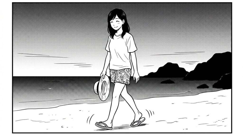 満足そうに砂浜を歩く表情