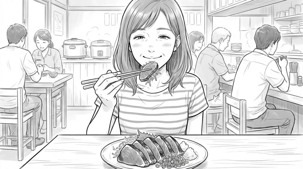 カツオのタタキを食べる女性