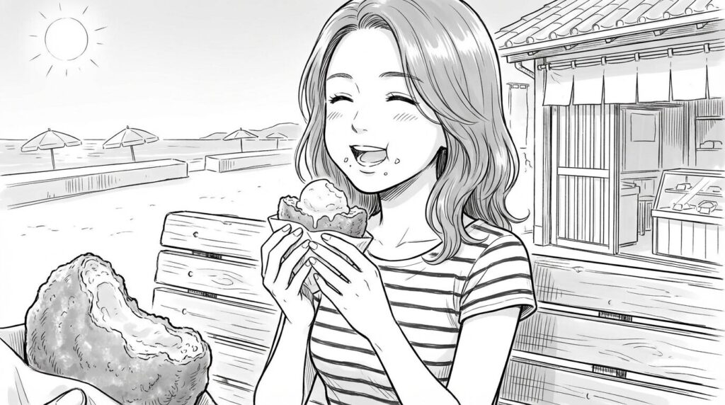 さたぱんびんを食べる女性