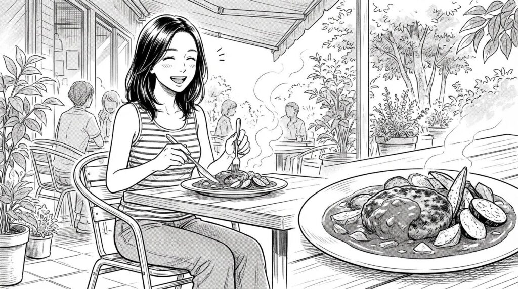 料理を食べる女性