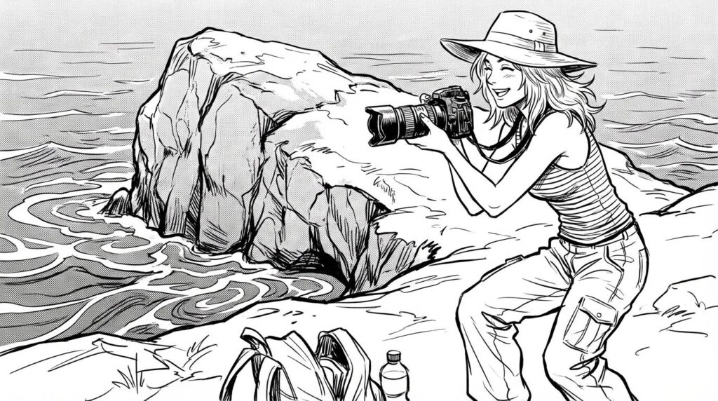 岩を撮影する女性