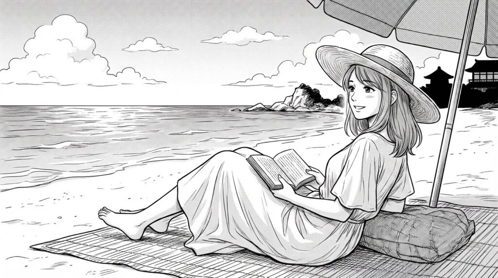 ビーチでくつろぐ女性