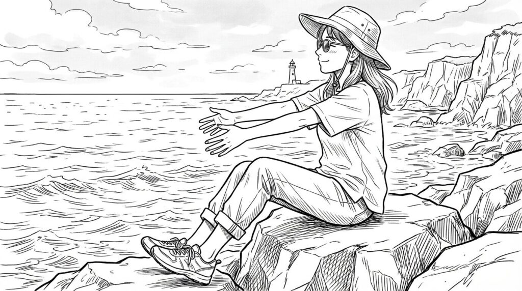 階段を登りきって達成感を感じる女性