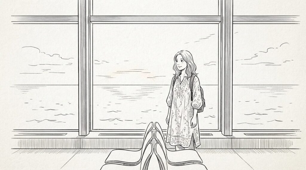 空港の展望デッキから海を眺める女性