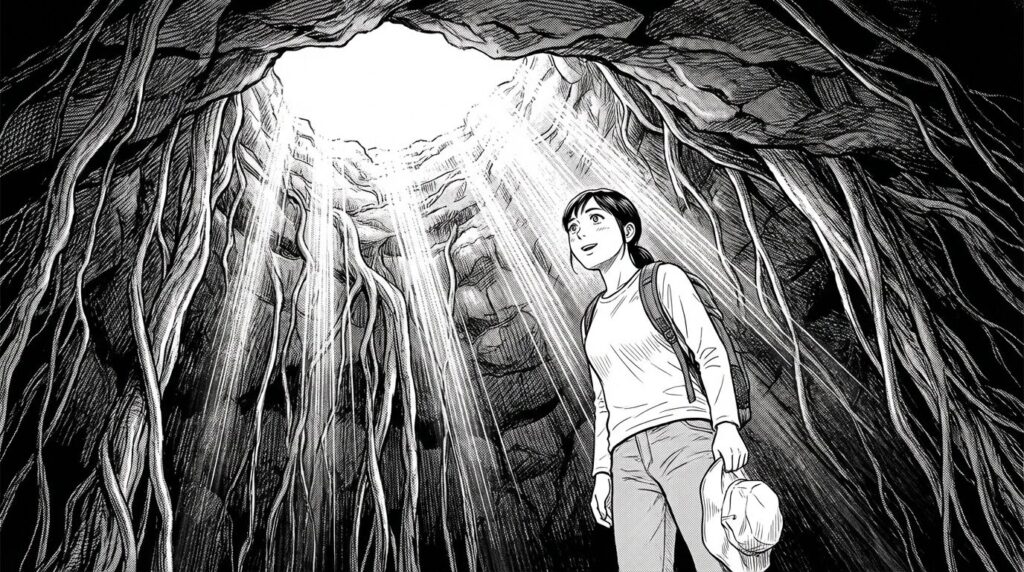 洞窟を見上げる