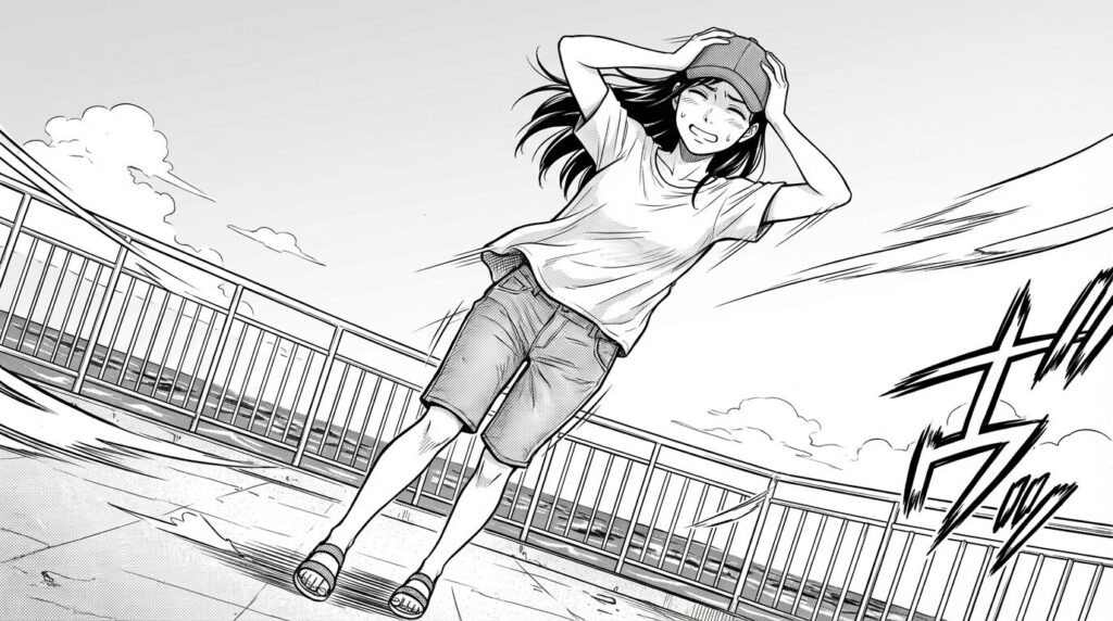 展望台の強風で帽子を押さえる