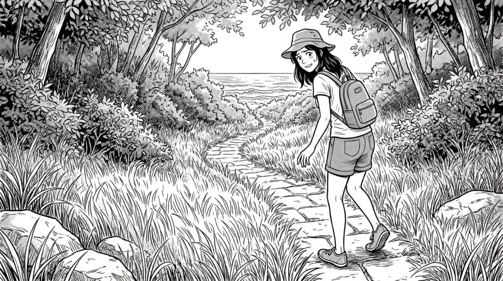 草むらを抜けて海に向かう女性のイラスト