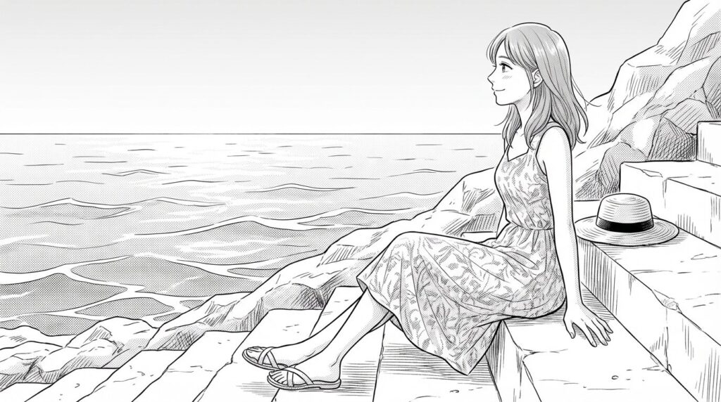 階段に座って海を眺める女性