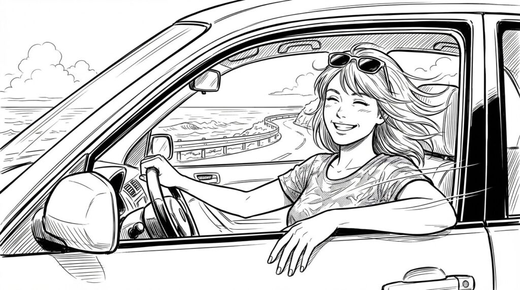 ドライブ中に景色を楽しむ女性