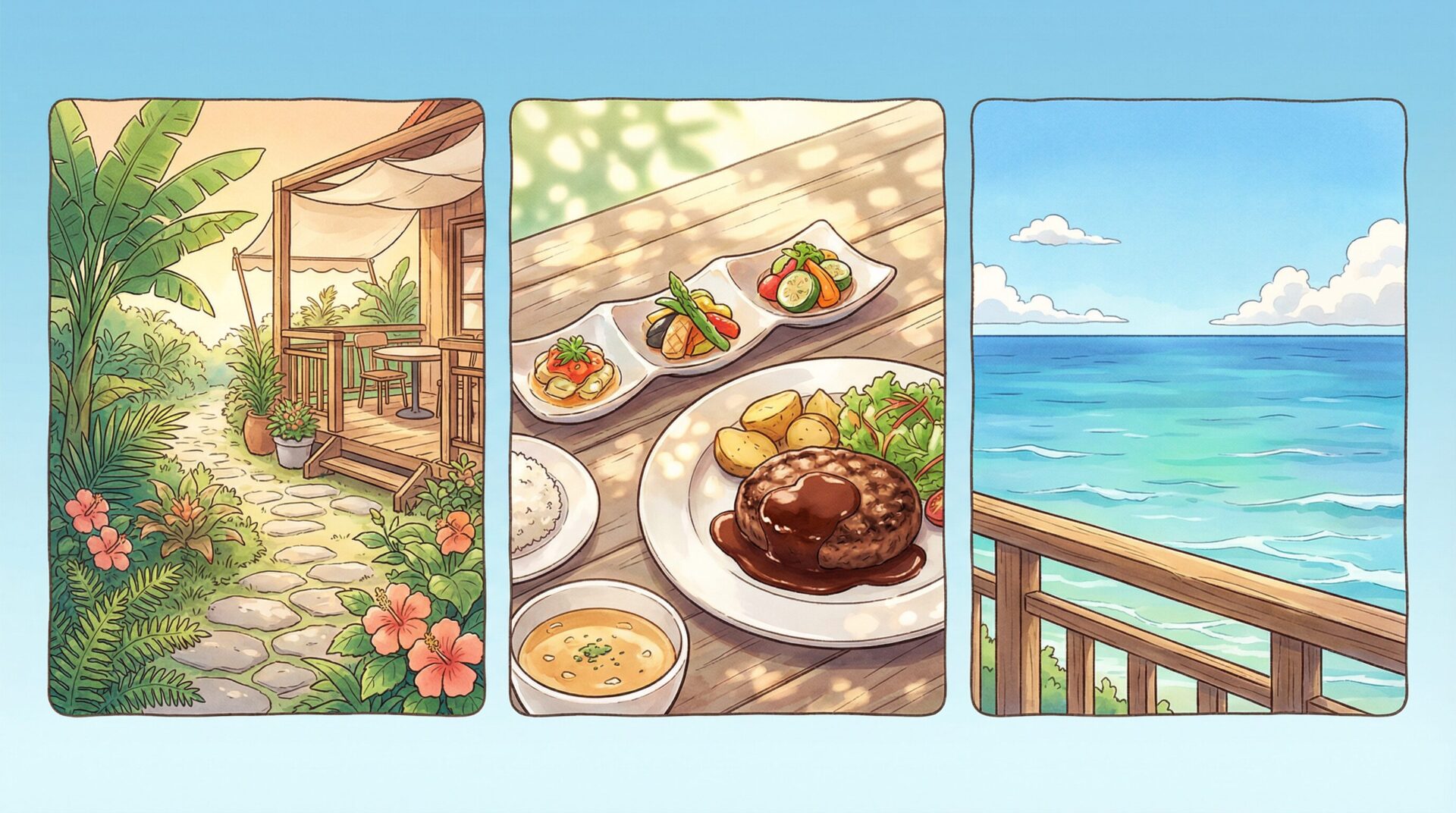 カフェ＆ヤド コモ！島野菜前菜と宮古牛ハンバーグで味わう