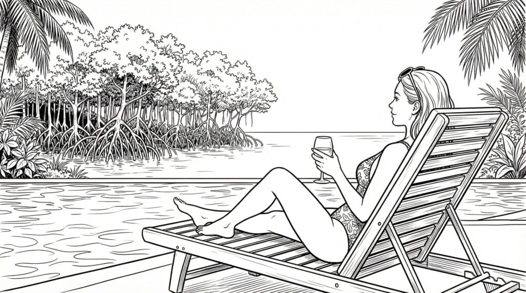 プライベートプールでラグーンを眺めながら寛ぐ