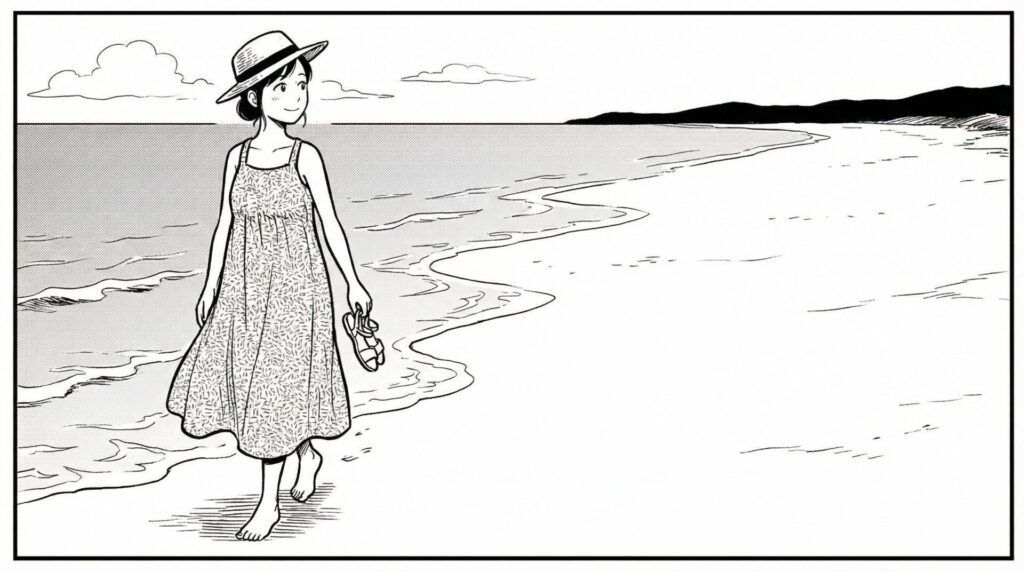 曲元の浜の白い砂浜をひとり歩きながら対岸の渡口の浜方向を眺める