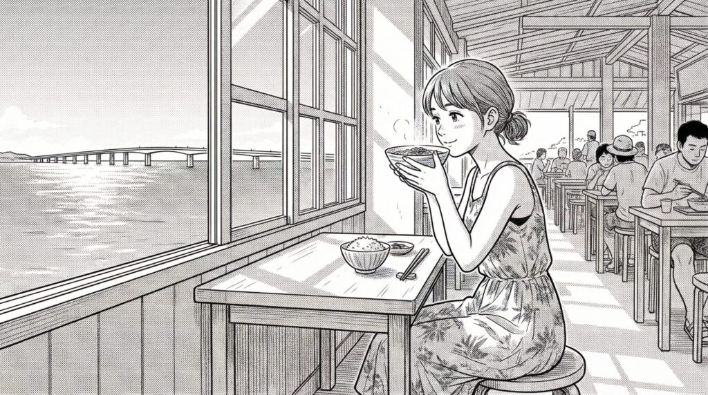 宮古そばを前にして窓の外の伊良部大橋を眺める