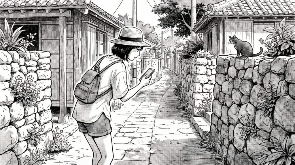 佐良浜の細い路地を歩いてお店へ向かう