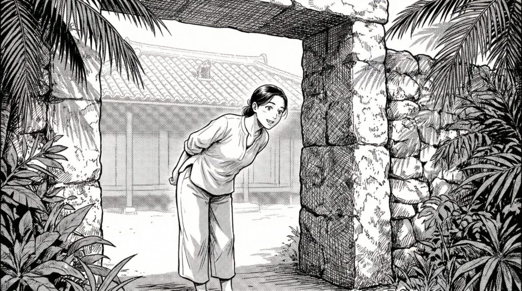 石造りの門の前で期待に胸をふくらませている