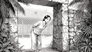 石造りの門の前で期待に胸をふくらませている