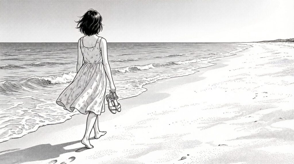 渡口の浜の白い砂浜を歩く女性