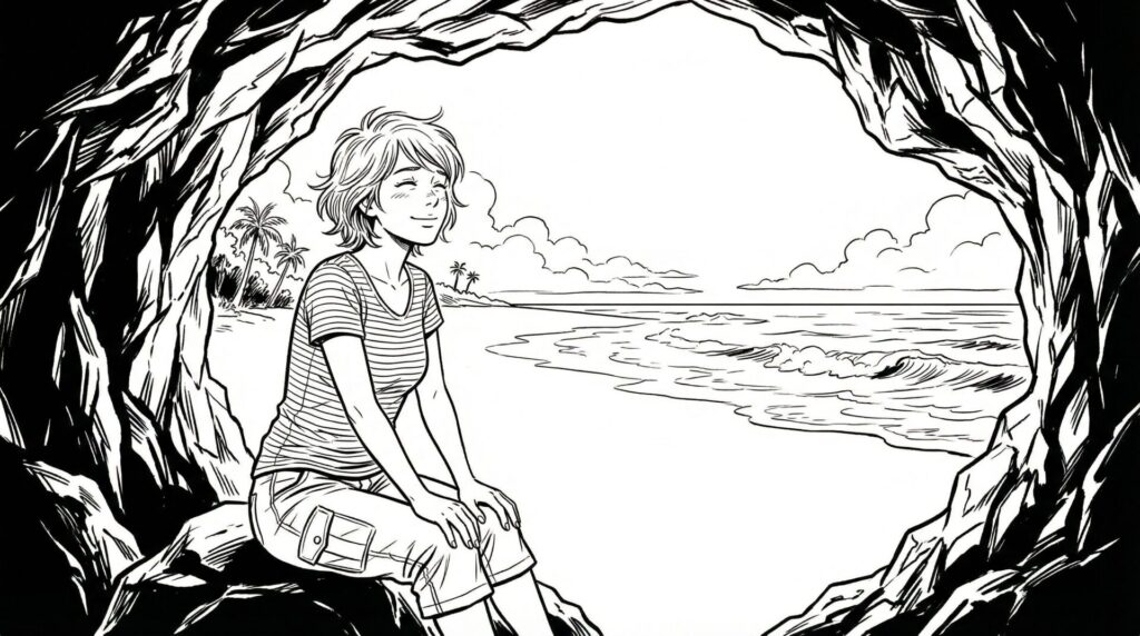 洞窟の入口から外の白い砂浜と宮古ブルーの海を眺めている