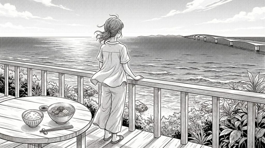 テラス席で海を眺めながら炊き込みごはんを食べる