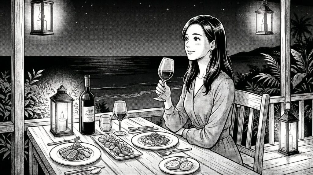 夜のテラスでディナーコースを楽しむ