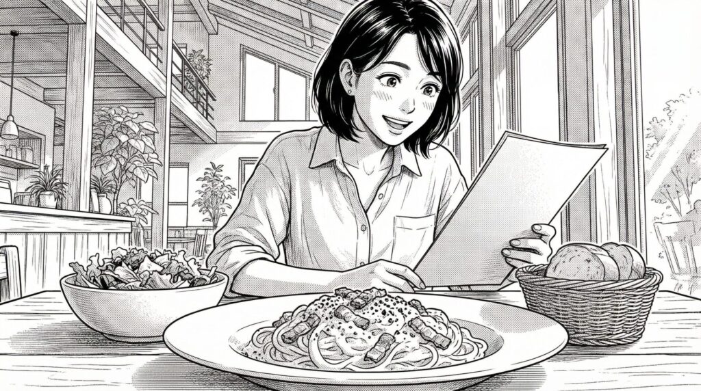 小さなテーブルでカルボナーラを前にしてメニューを見比べる