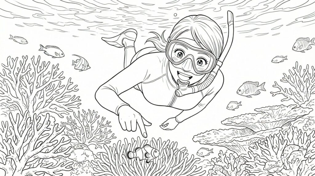 伊良部島の海中でカクレクマノミを発見して喜ぶ女性