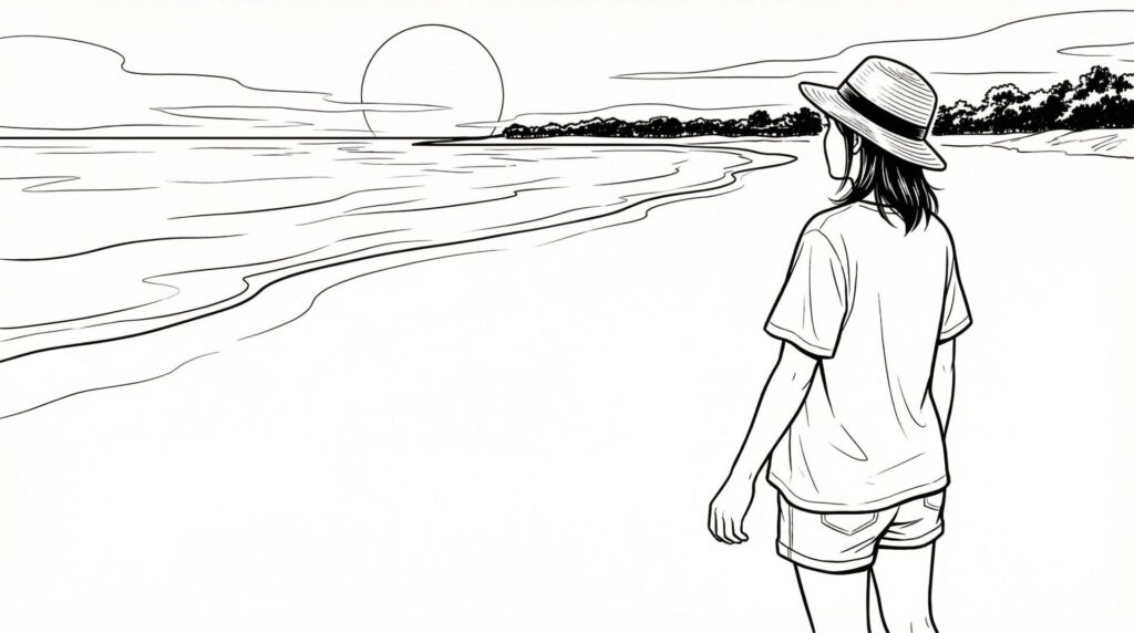 渡口の浜を背景に、水路越しに対岸の曲元の浜方向をひとり眺めている