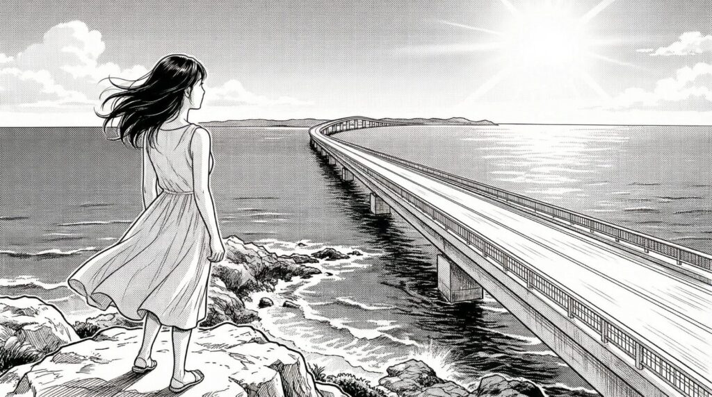 伊良部大橋の展望台から海を眺める