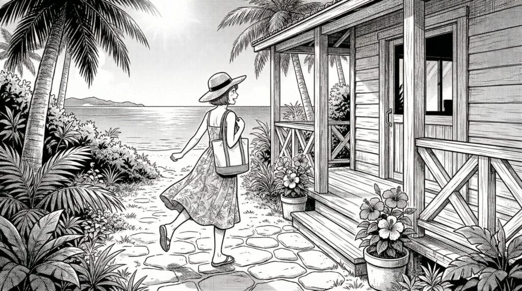 海を背景にテラスを歩いてカフェへ向かう