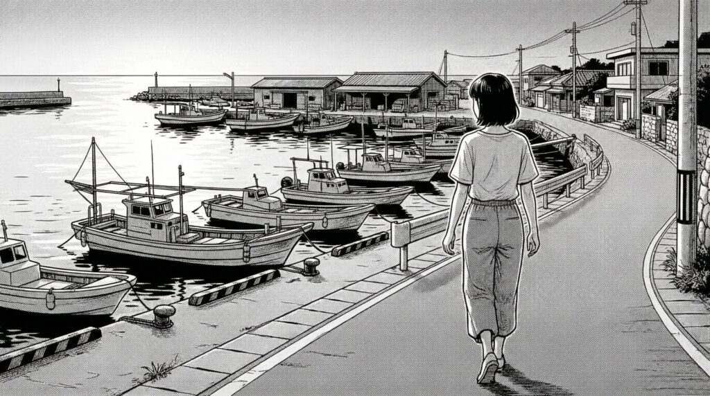 佐良浜漁港を背景に夕方の路地を歩く