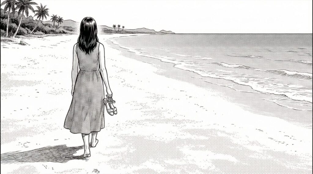 渡口の浜の白い砂浜を裸足で歩く