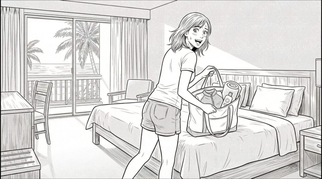 出発前に荷物を確認しながらわくわくしている