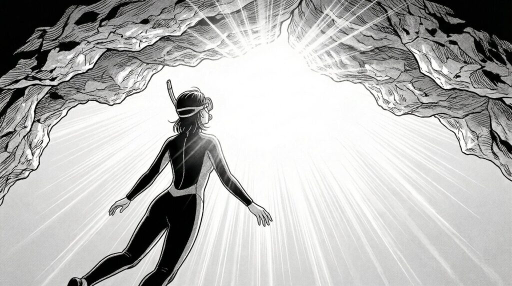 青の洞窟の入口付近のサンゴ礁で魚の群れに囲まれながら驚いている女性