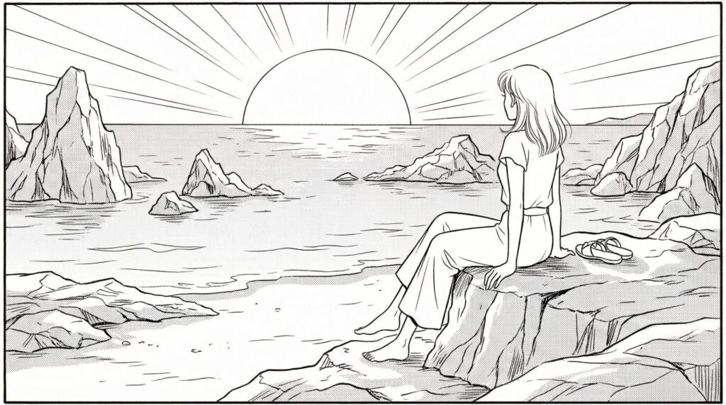 夕暮れの佐和田の浜で岩場に座りながらサンセットを眺めている