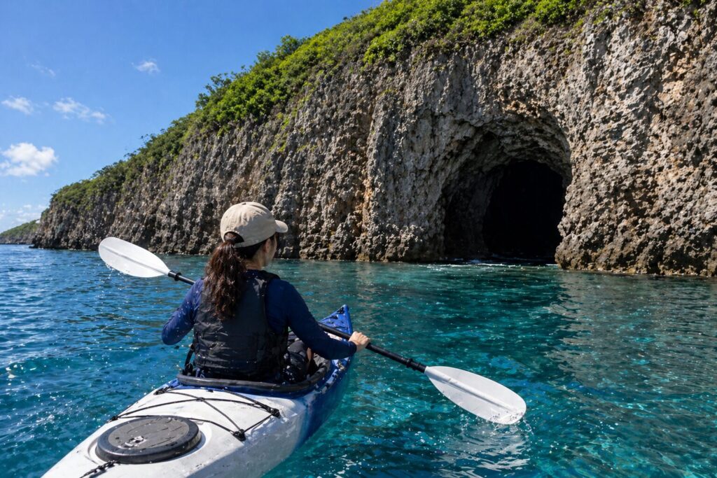 シーカヤックで洞窟の入口に向かう