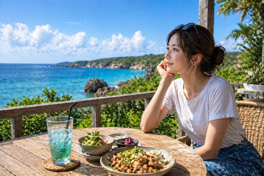 伊良部島のカフェのテラスで島時間を過ごす