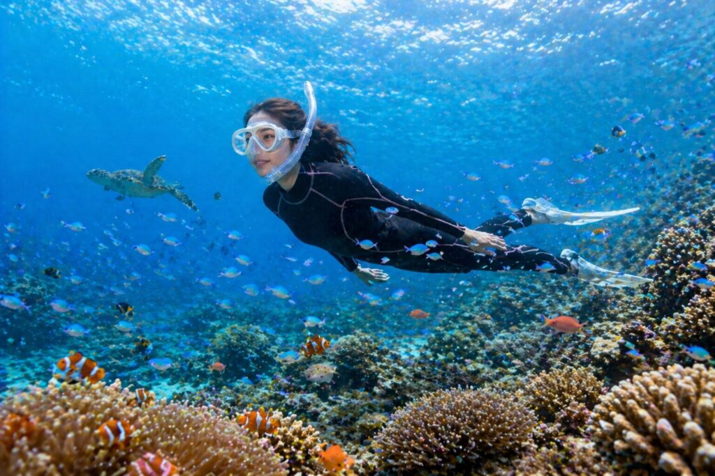 サンゴと熱帯魚の海中世界を泳ぐ